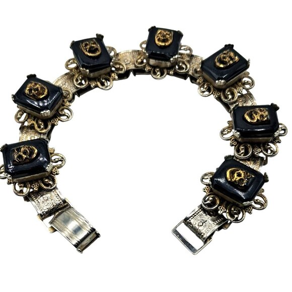 Vintage Comedy Tragedy Bookchain Bracelet Black Tile Link Gold Tone Masks Costum - Picture 4 of 6